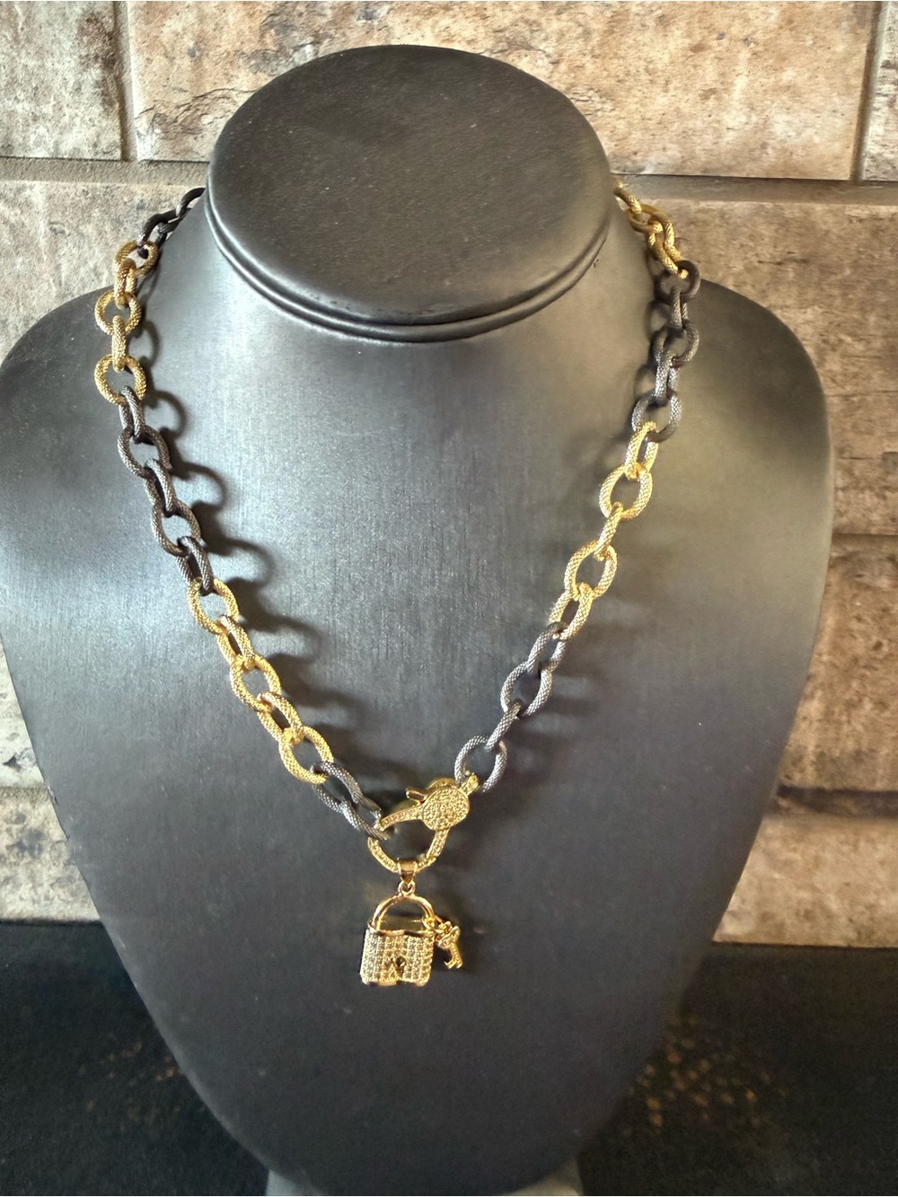 Freida Rothman Vault Two-Tone Gold and Black Lumi Necklace w/lock & key pendant
